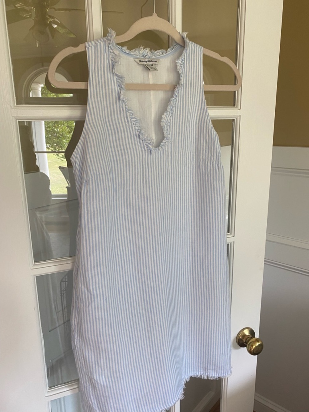 Tommy Bahama Light Blue & White Striped Linen  Sleeveless Shift Dress